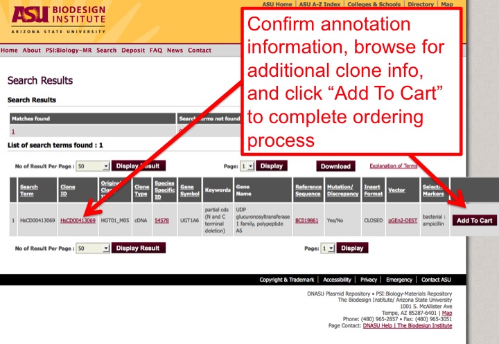 A DNASU plasmid record, with Add To Cart.
