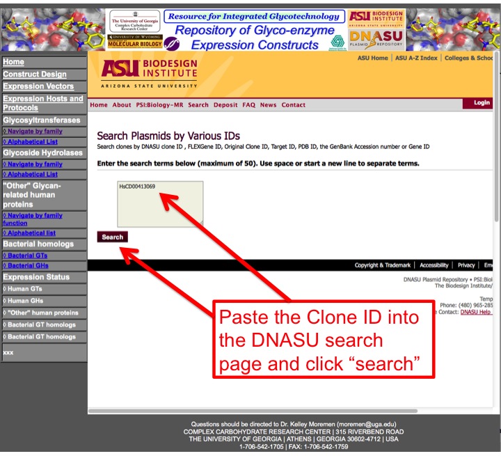 The DNASU clone search page with a clone ID pasted in.