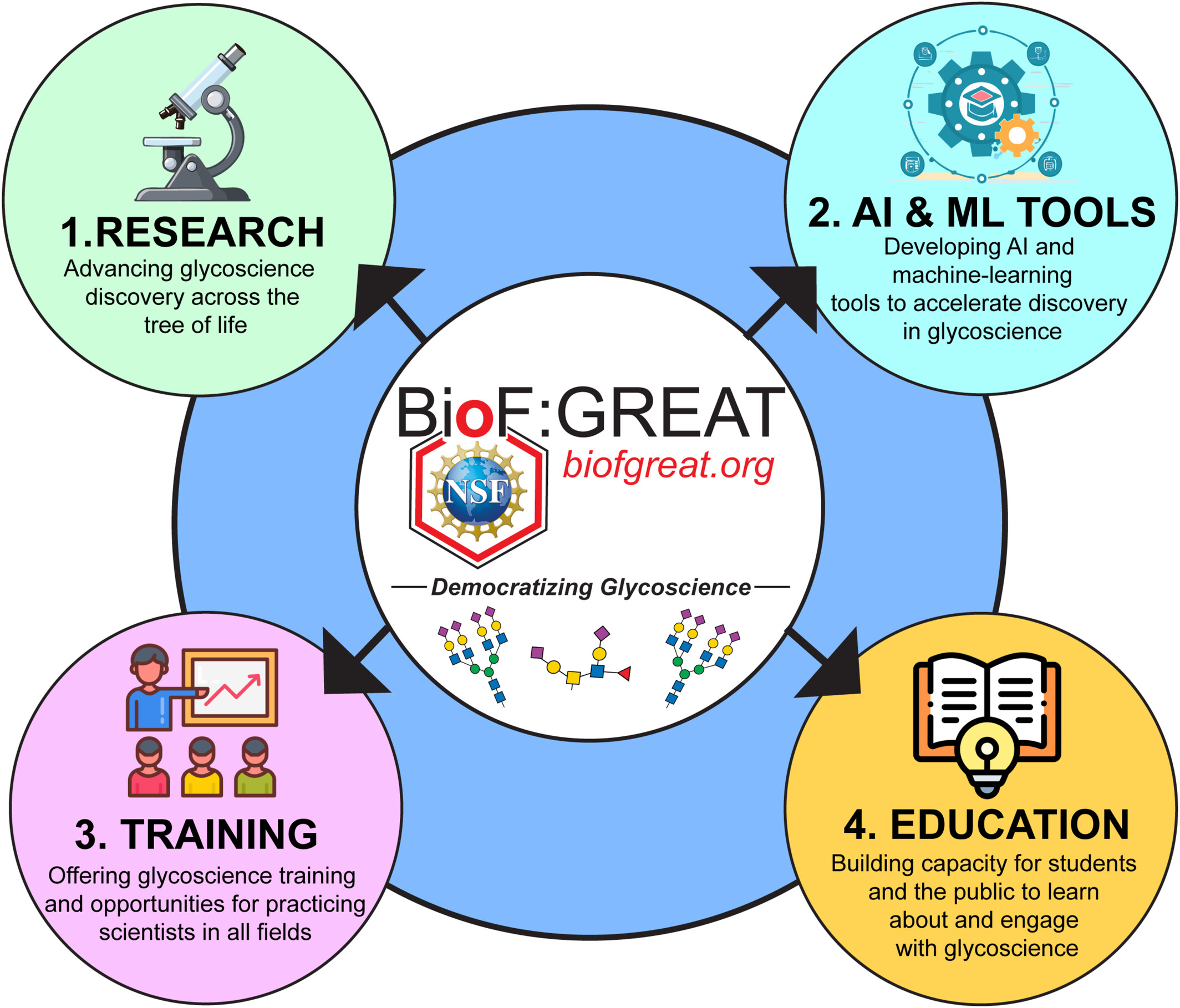 Circular diagram with the BioF:GREAT logo at the centre and four coloured nodes around it — Research, AI and ML Tools, Training, and Education — each with an icon and a one-line description, connected by arrows.